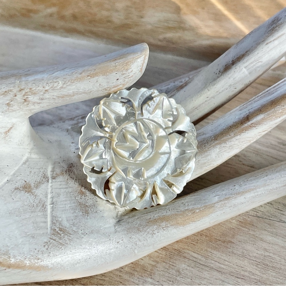 Vintage Mother of Pearl Floral Carved Brooch Pin